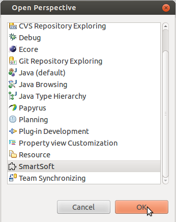 Select the SmartSoft perspective to set-up up eclipse for efficient SmartSoft modelling use.